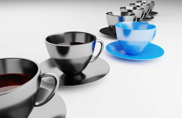 Glänzend Schwarze Tasse Kaffee Mit Blauer Tasse Einer Reihe Rendertapete — Stockfoto