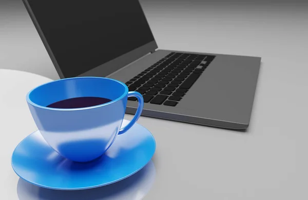 Blå Kopp Svart Kaffe Med Bärbar Dator Skrivbord Rendering Tapet — Stockfoto