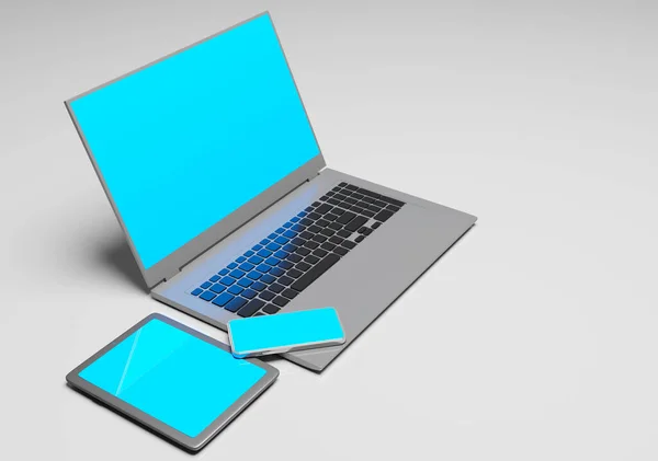 Υπολογιστής Laptop Tablet Και Smartphone Μια Λευκή Σκηνή Καθιστούν Υπόβαθρο — Φωτογραφία Αρχείου