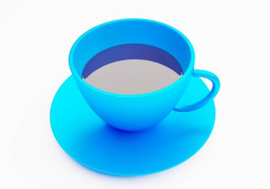 Beyaz 3 boyutlu duvar kağıdı arka planında mavi seramik fincanı kapat.