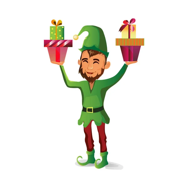 Un hermoso elfo con barba tiene dos regalos para Navidad — Archivo Imágenes Vectoriales