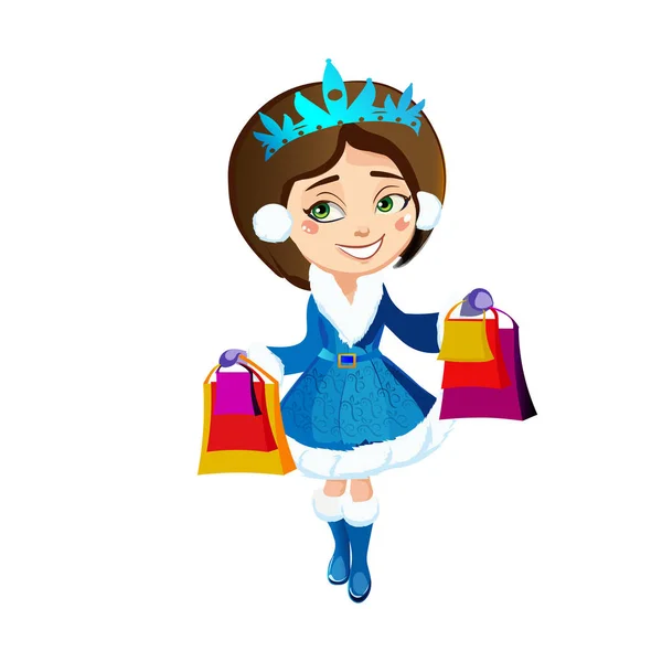 Menina bonita em um terno azul segurando um Natal compras em suas mãos e sorrisos de diversão — Vetor de Stock