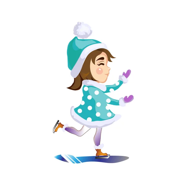 Hermosa chica feliz montando patines de hielo en la pista de patinaje — Archivo Imágenes Vectoriales