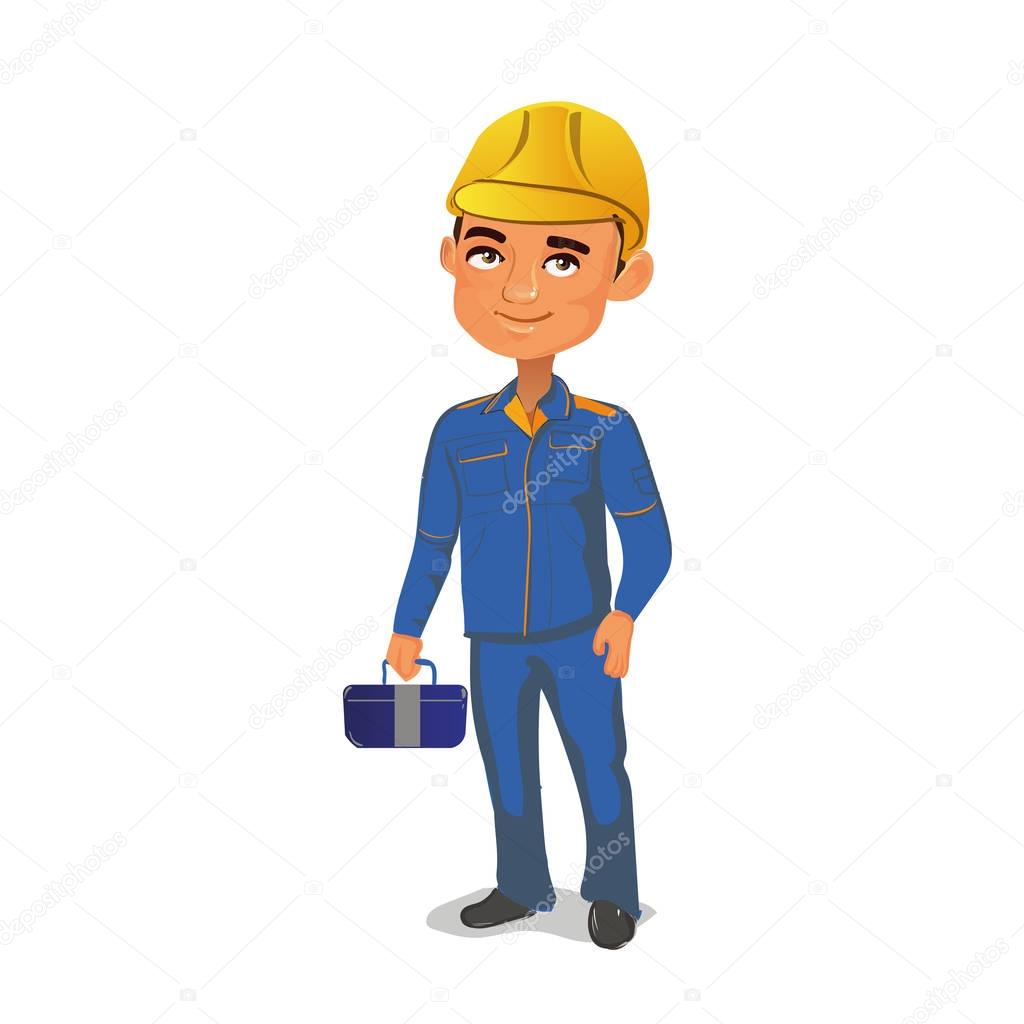 Engineer standing in construction clothing and yellow helmet, keeping tools in the hands.