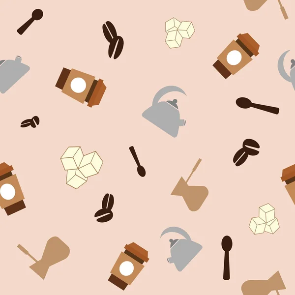 Teteras de café azúcar y cucharas en el fondo rosa. Fondo del azulejo. Ilustración vectorial . — Vector de stock