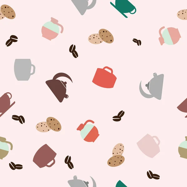 Varné konvice šálky fazolí a soubory cookie na růžovém pozadí. Pozadí dlaždic. Vektorové ilustrace. — Stockový vektor