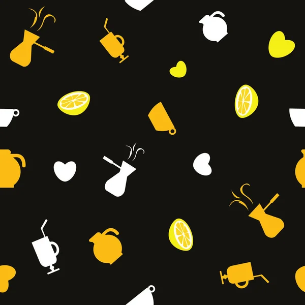 Granos de café limones cezves y corazones en el fondo negro. Antecedentes. Ilustración vectorial . — Vector de stock