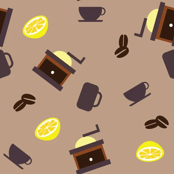 Citrony šálky fazolí a mlýnek na kávu na hnědé pozadí. Pozadí dlaždic. Vektorové ilustrace. — Stockový vektor