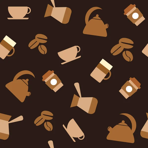 Granos de café y tazas en el fondo marrón. Fondo del azulejo. Ilustración vectorial . — Vector de stock