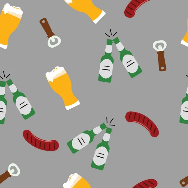 Openers worst en bier in bekers en bier in flessen op de grijze achtergrond. Patroon objecten. Vectorillustratie. — Stockvector