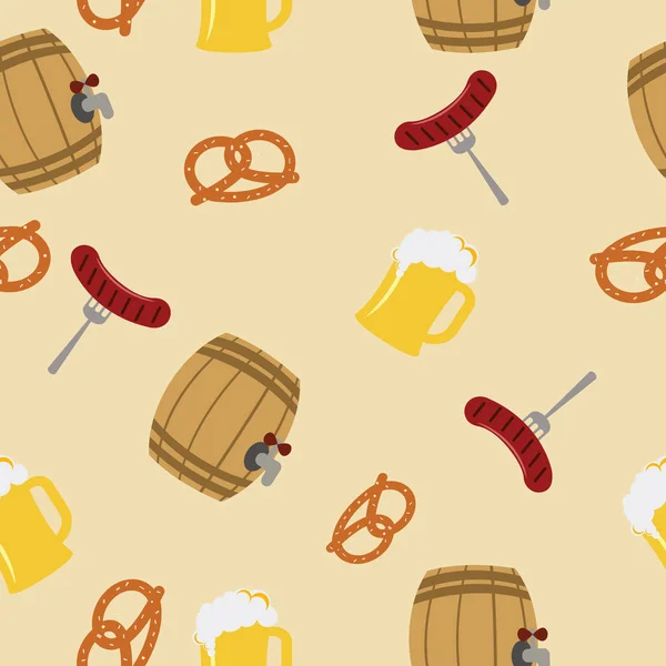プレッツェルは、ソーセージ、黄色の背景にビールを樽します。パターン オブジェクト。ベクトル図. — ストックベクタ