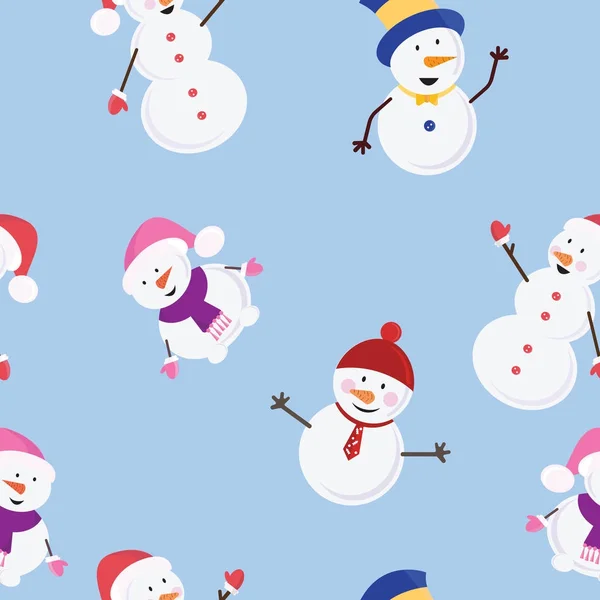 Pattern funny snowmans in colorful hats on the blue background . Vector Illustration. — Stock Vector