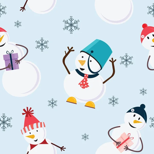 Tegel snowmans in grappige emmer caps met kleurrijke presenteert op de blauwe achtergrond. Vectorillustratie. — Stockvector