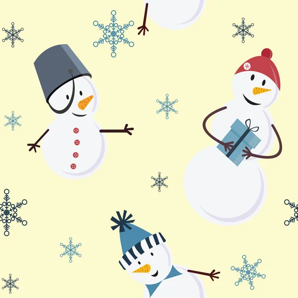 Muñecos de nieve de azulejo en diferentes tapas de colores con regalos en el fondo amarillo. Ilustración vectorial . — Archivo Imágenes Vectoriales