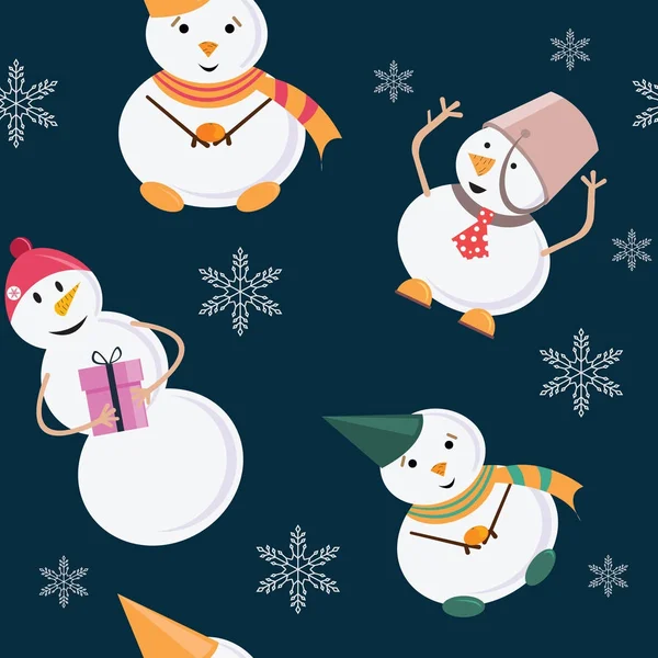 Muñecos de nieve de azulejo en gorras de cubo con naranjas y regalos en el fondo azul oscuro. Ilustración vectorial . — Archivo Imágenes Vectoriales