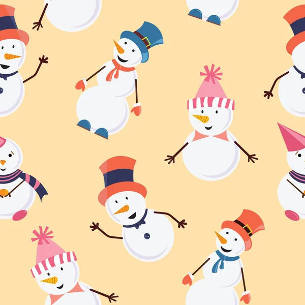 Tile funny smiling snowmans in colorful caps on the yellow background. Vector Illustration. — Stock Vector