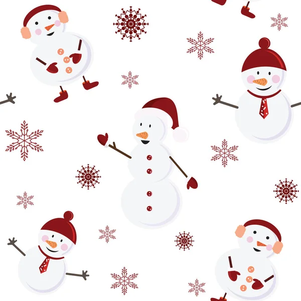 Muñecos de nieve de azulejo en diferentes sombreros rojos con hermosos copos de nieve en el fondo blanco. Ilustración vectorial . — Archivo Imágenes Vectoriales
