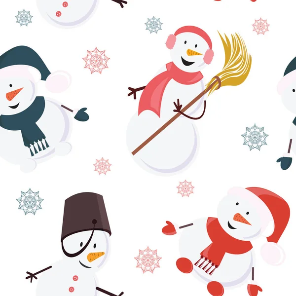 Patroon cartoon snowmans in emmer caps en hoofdtelefoon met bezem op de witte achtergrond. Vectorillustratie. — Stockvector