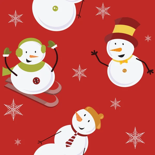 Tegel schattig skiën snowmans in caps met sneeuwvlokken op de rode achtergrond. Vectorillustratie. — Stockvector