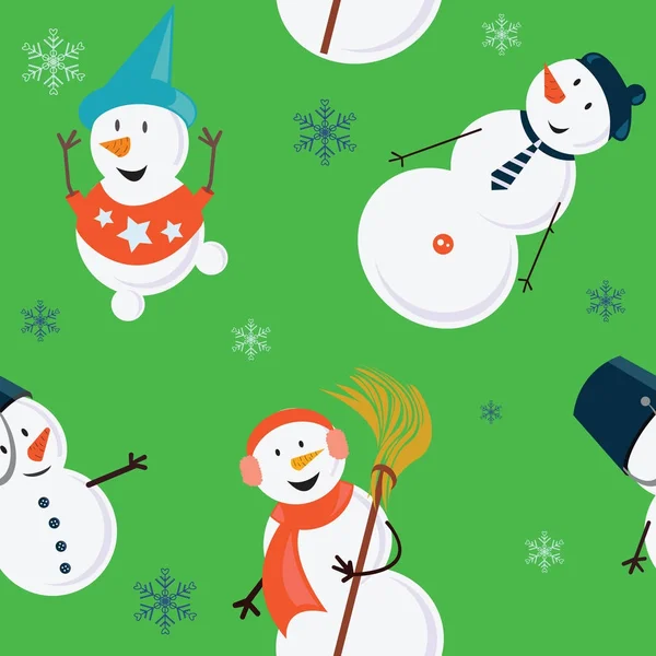 Patroon snowmans in caps en kleding met sneeuwvlokken op de groene achtergrond. Vectorillustratie. — Stockvector