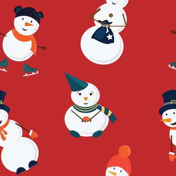 Azulejo divertido patinaje muñecos de nieve con naranjas y regalos en el fondo rojo. Ilustración vectorial . — Archivo Imágenes Vectoriales