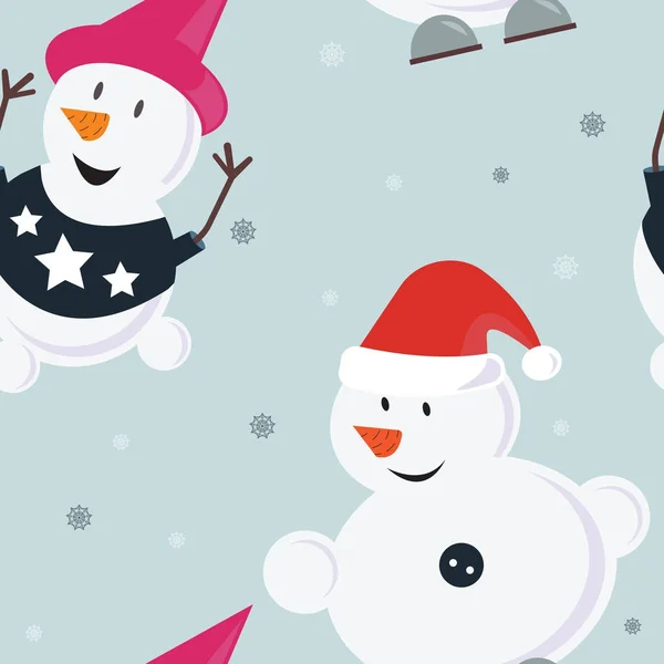 Patroon glimlachend snowmans in caps en sweaters met sneeuwvlokken op de grijze achtergrond. Vectorillustratie. — Stockvector