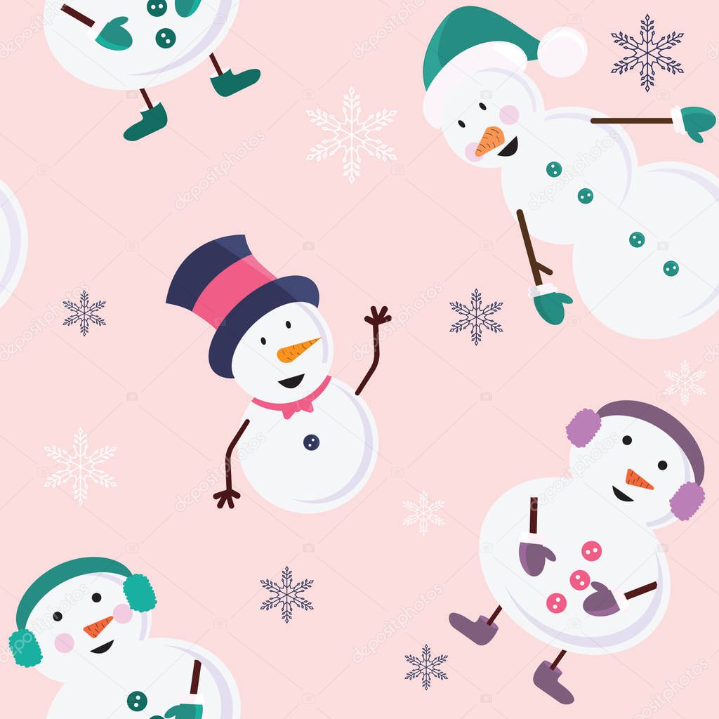 Tile snowmans in funny colorful caps with cute fur headphones on the pink background. Vector Illustration.