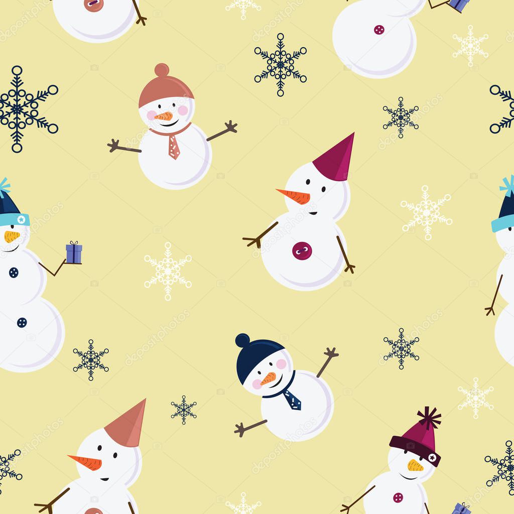 Tile snowflakes and funny snowmans on the yellow background. Vector Illustration.