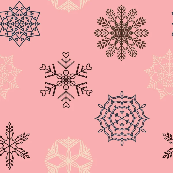 Patrón sin costuras de delicados copos de nieve refinados sobre un fondo rosa. Ilustración vectorial . — Archivo Imágenes Vectoriales