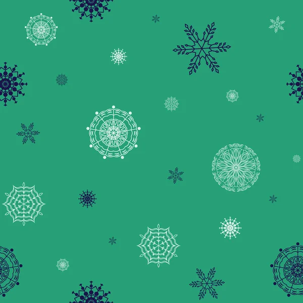 Patrón sin costuras de copos de nieve armónicos sobre un fondo verde. Ilustración vectorial . — Archivo Imágenes Vectoriales