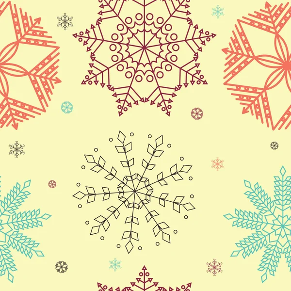 Patrón sin costuras de conjunto de copos de nieve estampados sobre un fondo amarillo. Ilustración vectorial . — Archivo Imágenes Vectoriales