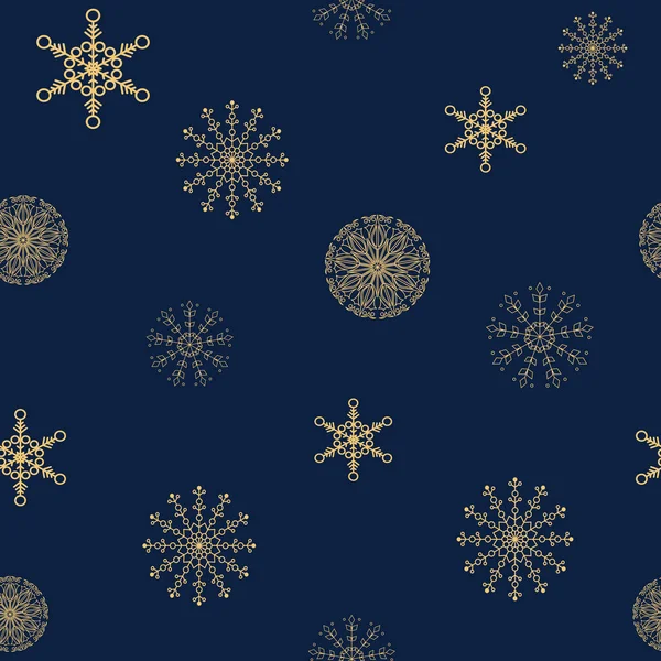 Patrón sin costuras de lujosos copos de nieve estampados sobre un fondo azul oscuro. Ilustración vectorial . — Archivo Imágenes Vectoriales