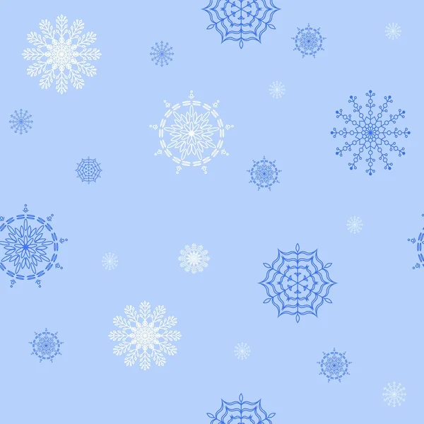 Patrón sin costuras de exquisitos copos de nieve varios sobre un fondo azul. Ilustración vectorial . — Archivo Imágenes Vectoriales