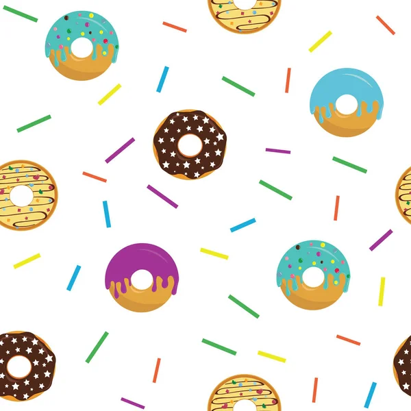 Donuts doux sans couture dessin animé avec décoration en sucre sur le fond blanc. Dessert coloré. Illustration vectorielle . — Image vectorielle