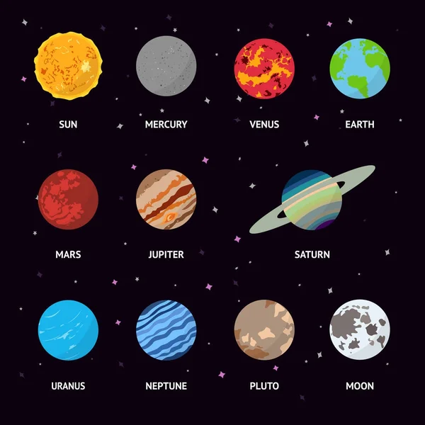 Colorful planets of the solar system on the star black background, isolated vector illustration. — Stock Vector