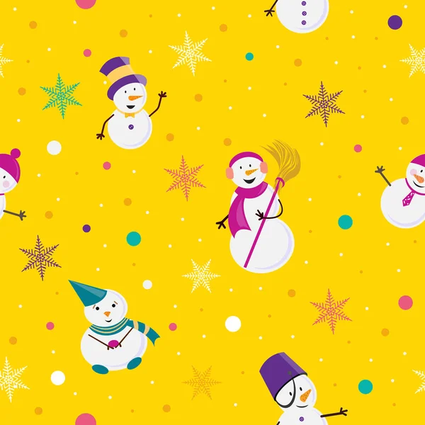 Vzor bezešvé snowmans v santa čepici a kýbl na hlavu s sněhová koule a dárky na žlutém podkladu. Vektorové ilustrace. — Stockový vektor