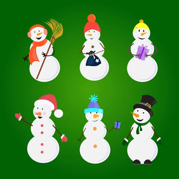 Set of snowmans in caps and bucket on the head with and presents on the green background. Cute cartoon character for winter design. Vector Illustration. — Stock Vector