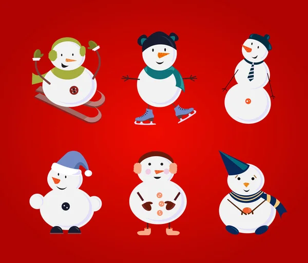 Het aantal snowmans in caps en emmer op de kop met en presenteert op de groene achtergrond. Schattige cartoon karakter in schaatsen voor winter ontwerp. Vectorillustratie. — Stockvector