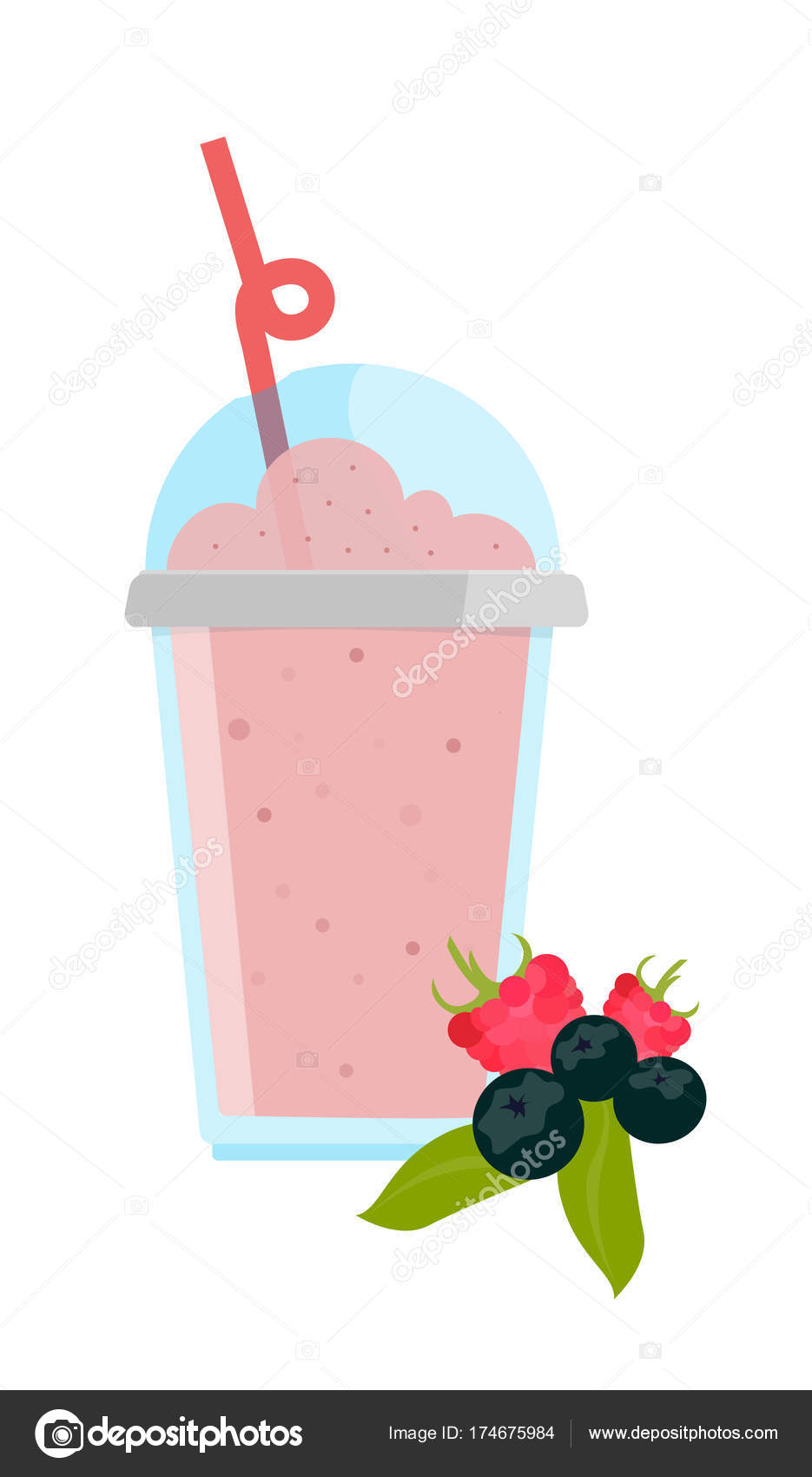 Sour berry milkshake with chocolate in cup with cap and straw. Vector ...