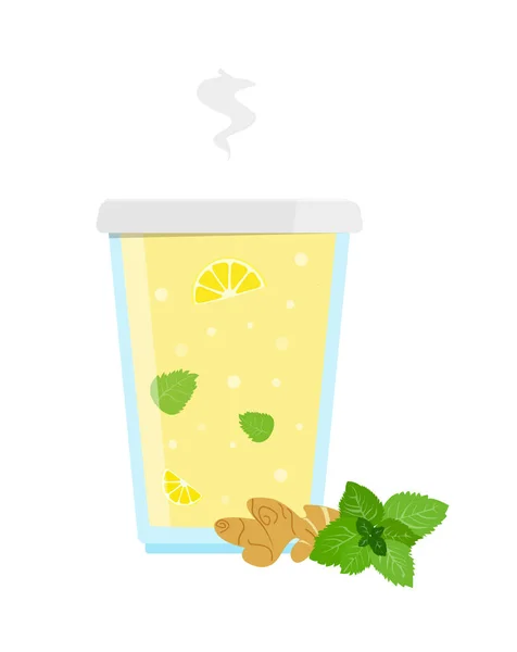 Aroma hete Ginger Tea met citroen honing mint en specerijen. Vectorillustratie. — Stockvector