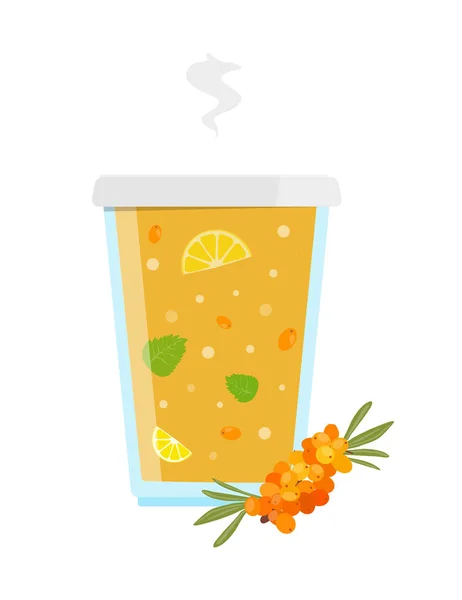Verse warme zee-duindoorn thee met citroen honing en munt. Vectorillustratie. — Stockvector