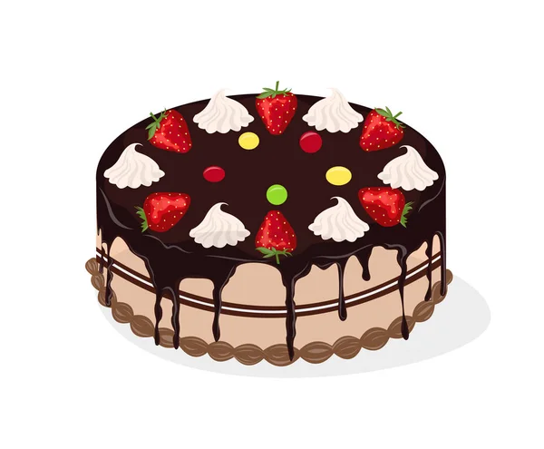 Smakelijk chocoladetaart met aardbeien en slagroom. Vectorillustratie. — Stockvector