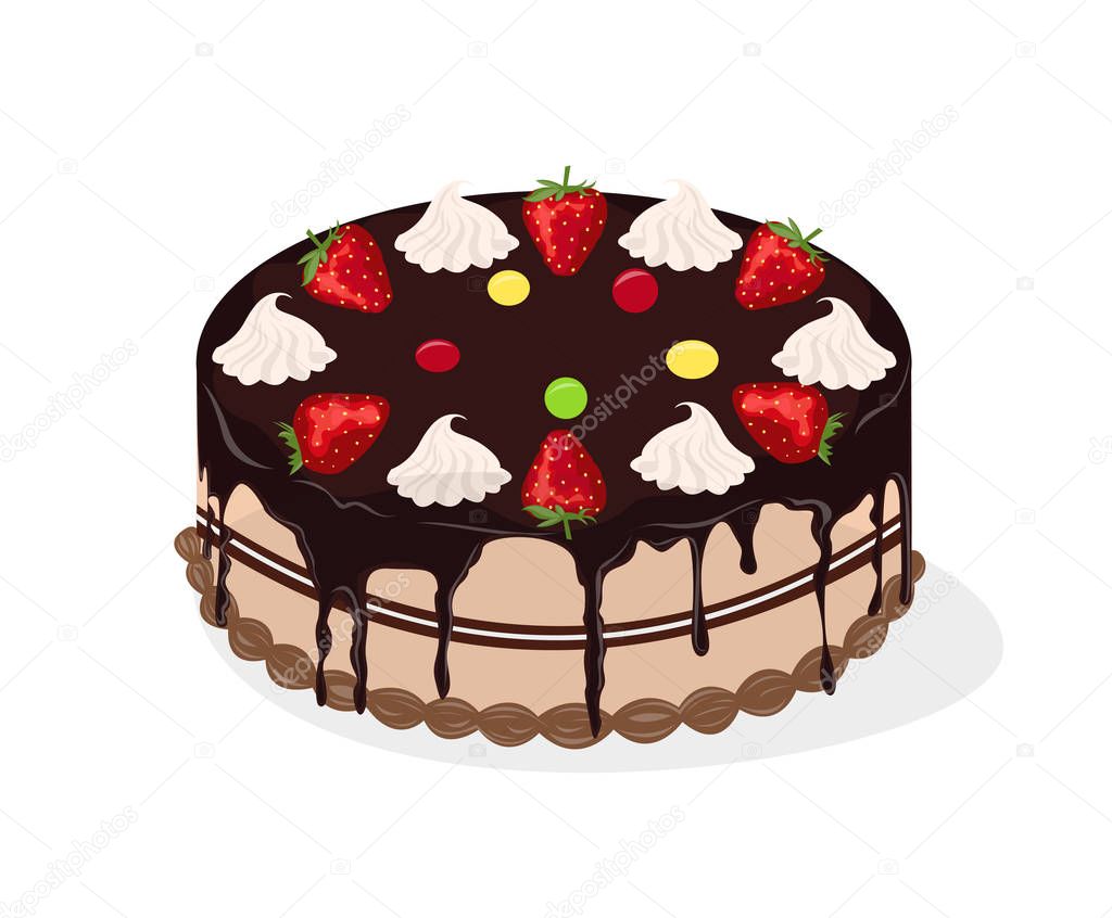 Appetizing chocolate cake with strawberries and cream. Vector Illustration. 