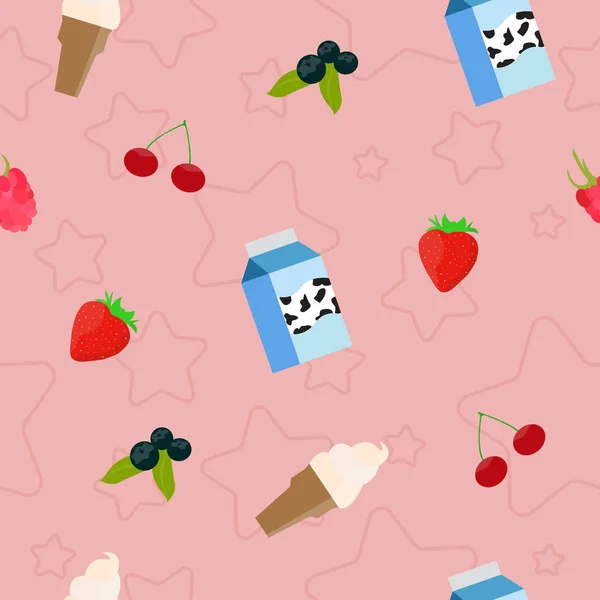 Bayas jugosas sin costuras con leche y helado sobre el fondo rosa claro de la estrella. Ilustración vectorial . — Vector de stock