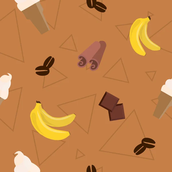 Sin costuras, plátanos de dibujos animados frijoles de chocolate helado y canela sobre el fondo marrón con patrón triangular. Ilustración vectorial . — Archivo Imágenes Vectoriales
