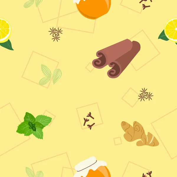Плитка, лимонна м'ята кориця та інші спеції на бежевому фоні. Векторні ілюстрації . — стоковий вектор