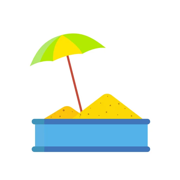 Caja de arena azul con sombrilla de colores. Ilustración vectorial . — Vector de stock