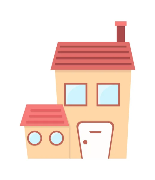 Maison isolée jaune drôle avec extension, cheminée, porte et fenêtres. Illustration vectorielle . — Image vectorielle