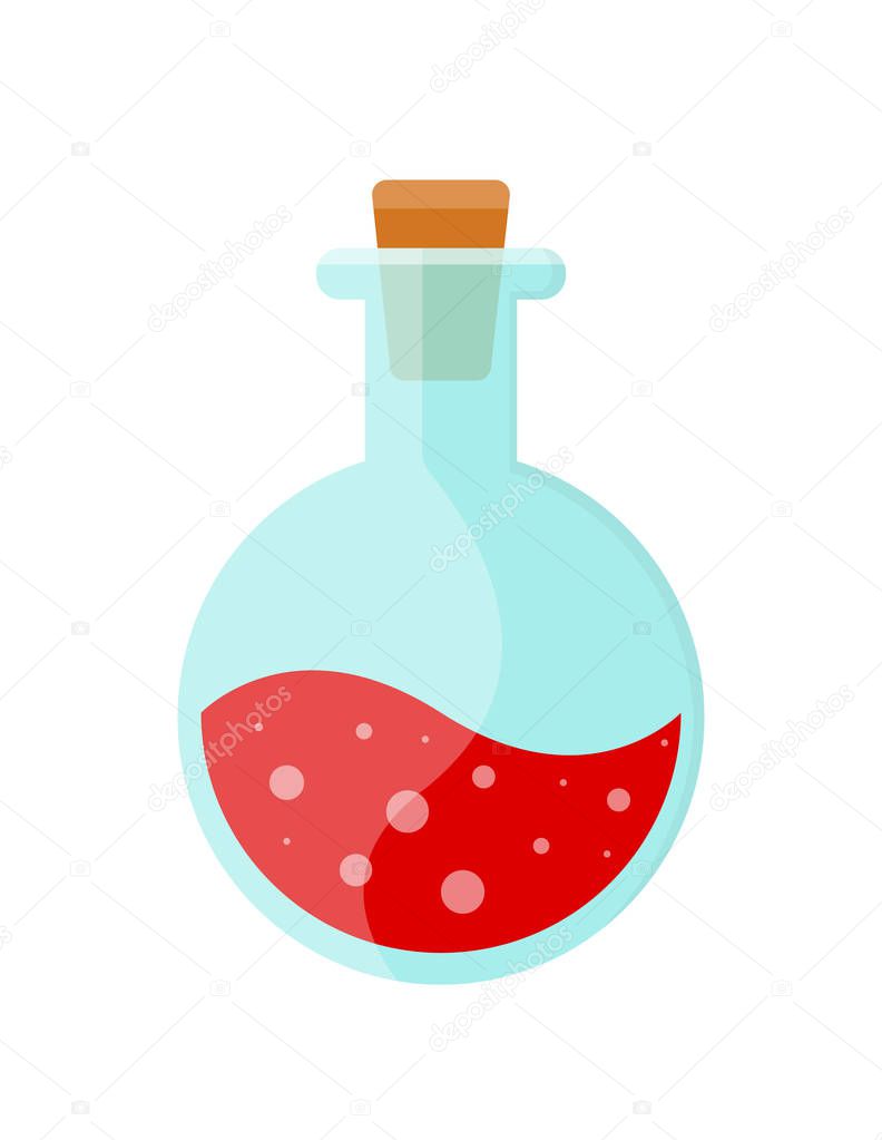 Cartoon vector bottle with a magical red potion granting life.