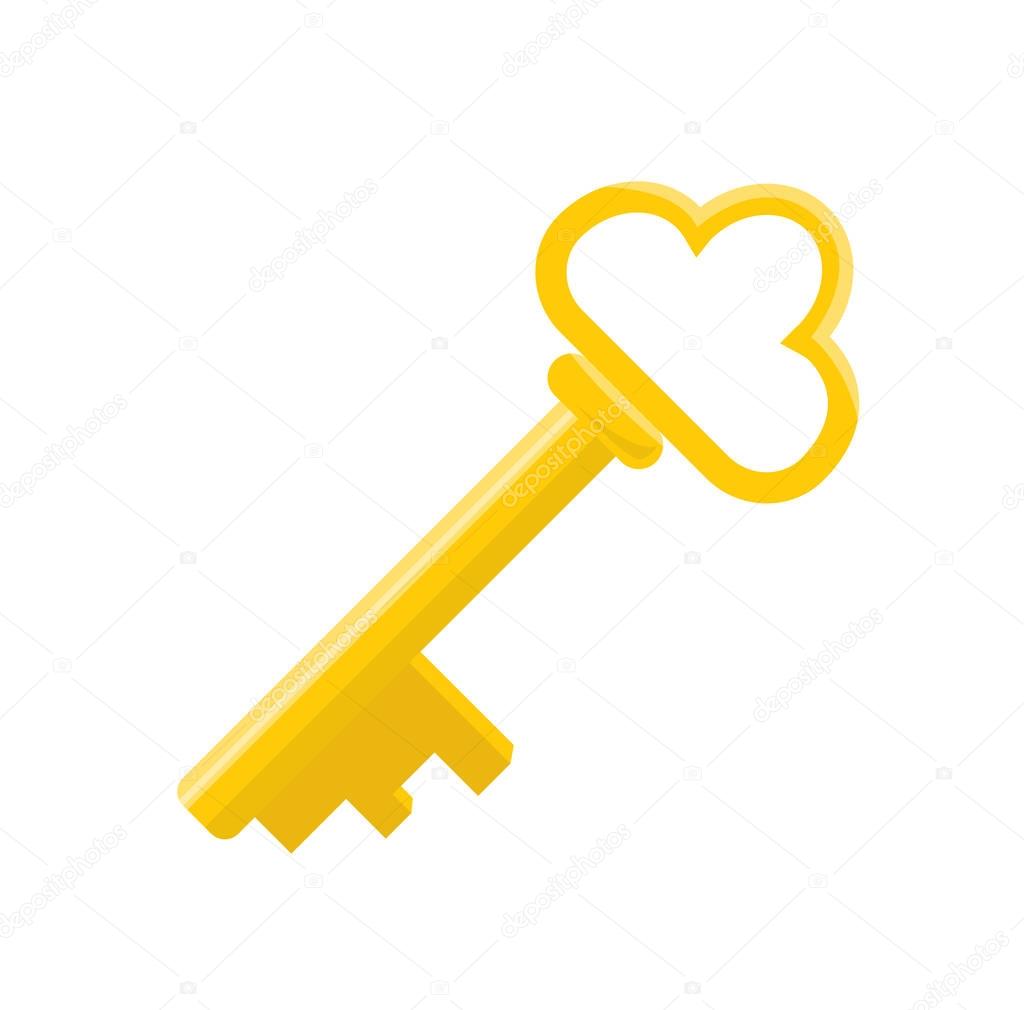 Golden cartoon isolated key for an ancient padlock. Vector Illustration. 
